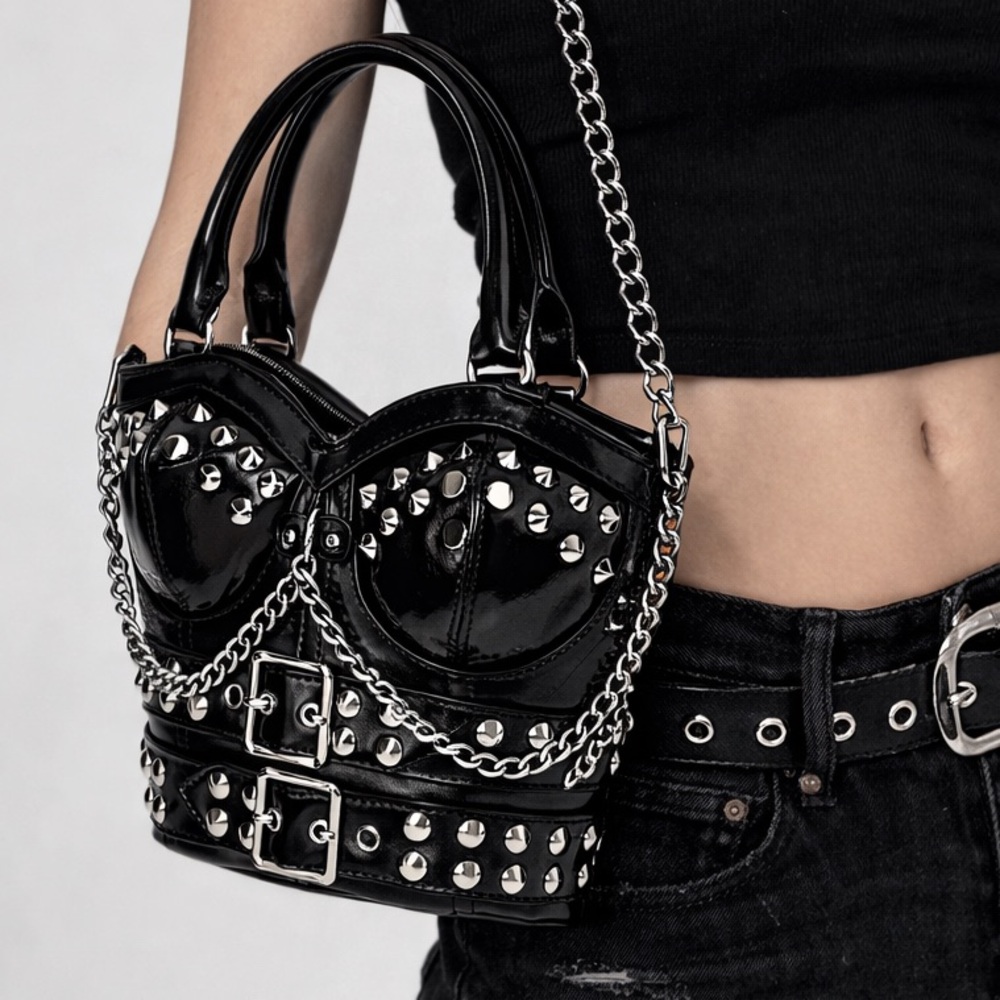 NWOT. Fashion Nova Black Studded Patent Bra-Shaped Shoulder Bag